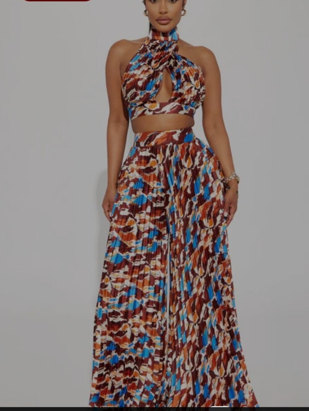 Pia Pleated Pants Set NWT Twist-Halter Printed Maxi Pants Set in Rust Combo  XL